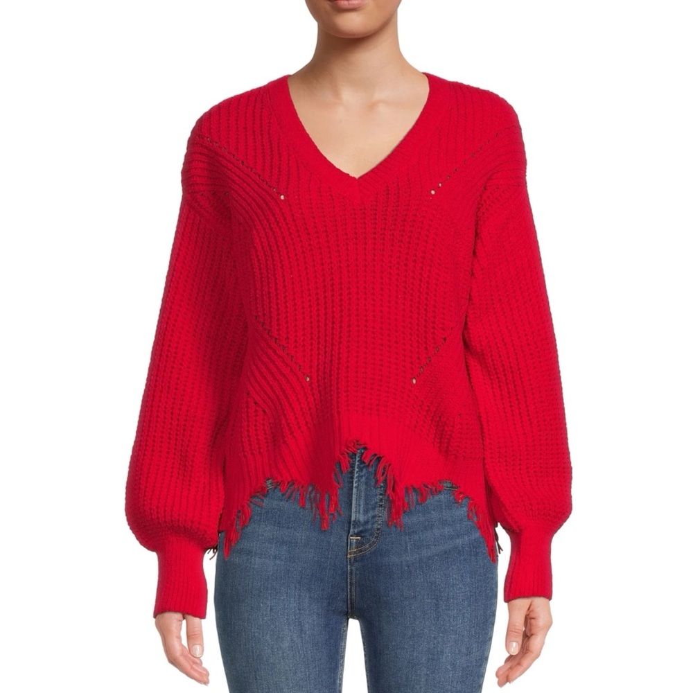 Red V-Neck Frayed Hem Sweater